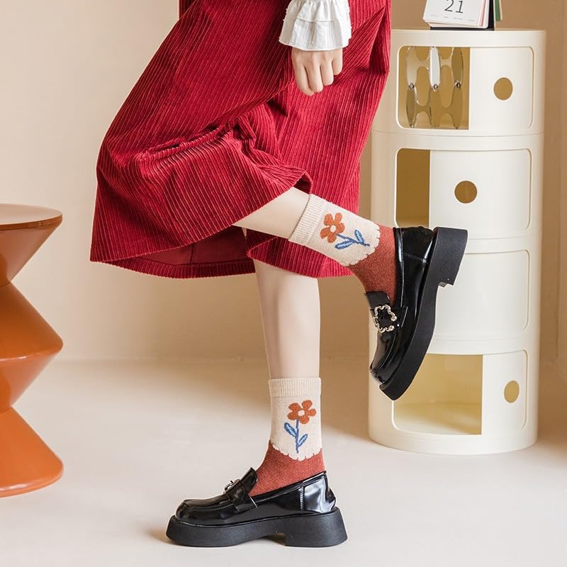 FORJMMP 5/10 Pairs Wool Socks for Women Thick Knit Vintage Cute Floral Crew Socks - Image 5